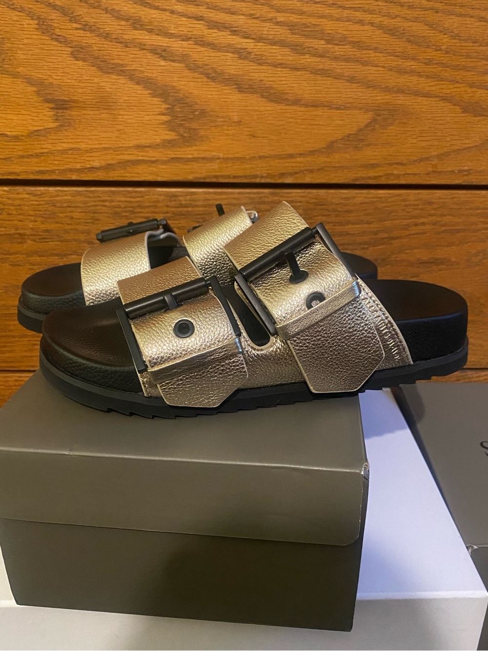 AllSaints Sian Women’s Metallic Gold Double-Buckle Slide Sandals Sz 8